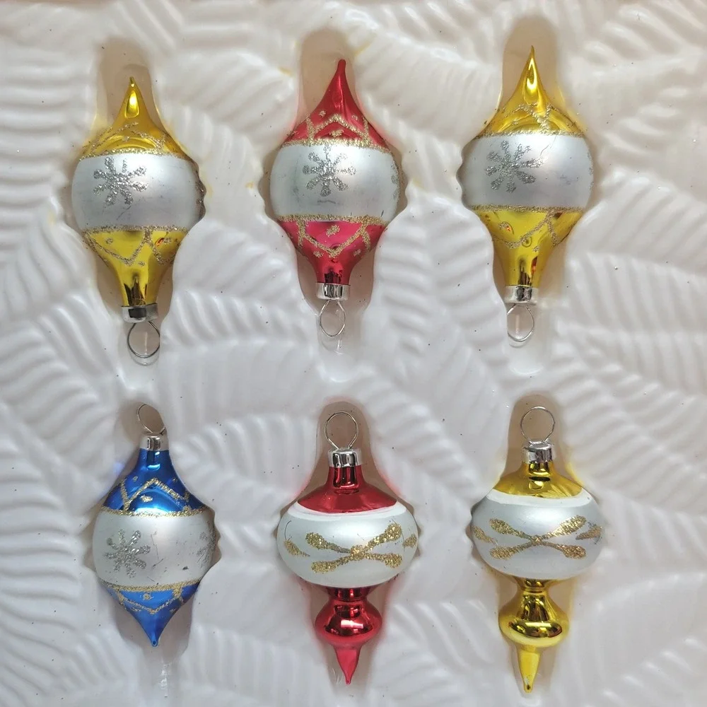 Holiday Time Small Hand Decorated Glass Ornaments Set of 6 Red Gold Blue 2.5